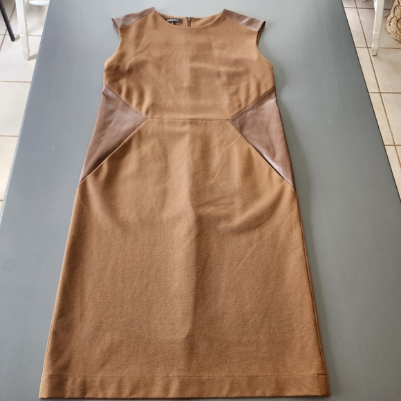 Lafayette 148 New York Dresses & Skirts - Lafayette 148 New York Sz 6 Dress Brown Genuine Leather Trim Pockets Sleeveless